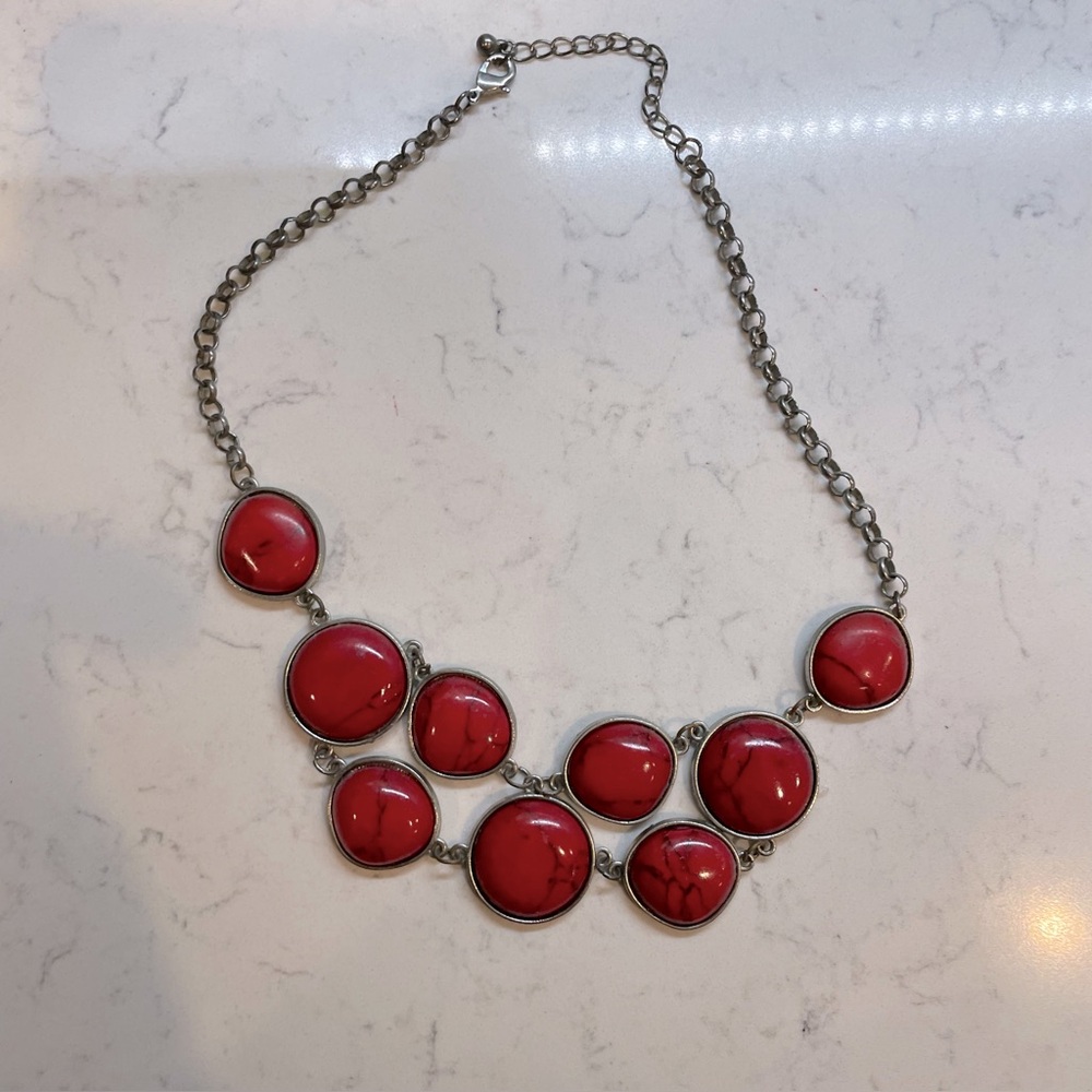 Red Stone and Silver Bib Tibetan Statement Necklace